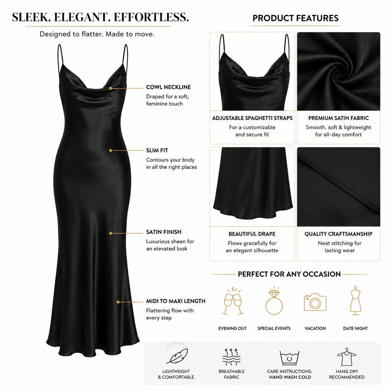 Black Satin Slip Dress – Elegant Cowl Neck Maxi Dress - Image 3